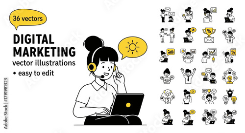 Digital Marketing Vector Illustrations Set Diverse Icons for Promotion and Strategy