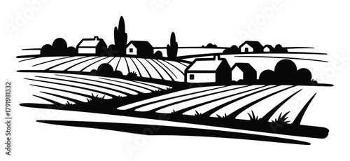 Village landscape with farm fields. Countryside scenery with houses trees and agriculture.