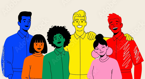 A Diverse Group of People Standing Together in Bright, Solid Colors