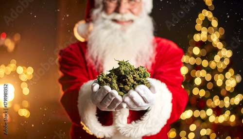 Santa Claus holding cannabis buds with a Christmas tree in the background