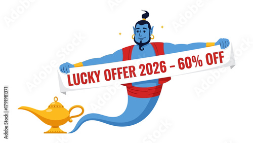 Magical Offer of the Year: A charismatic genie emerges from a shimmering lamp, bearing a scroll declaring a Lucky Offer of a significant discount. A concept of sales and promotion.