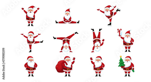Vibrant Collection of Playful Santa Claus Characters in Dynamic Poses, Spreading Joy and Festive Spirit for Whimsical Holiday Celebrations and Merry Occasions