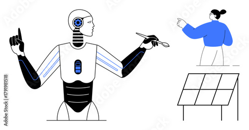 Cybernetic humanoid interacts with a pointing human figure near solar panels. Ideal for technology, innovation, artificial intelligence, renewable energy, teamwork, future, and sustainability