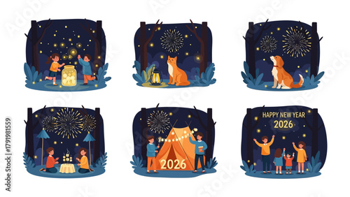 New Year's Eve Celebrations: Festive scenes light up the night, featuring fireworks, adorable animals, and celebratory moments, perfect for welcoming the New Year with joy and warmth.