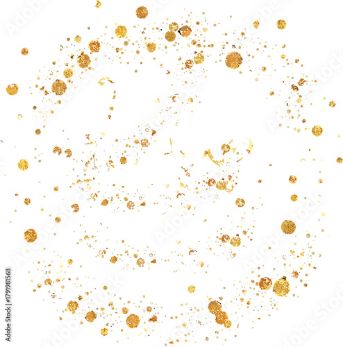 Golden watercolor splatters swirl gracefully against a pristine white backdrop, creating an elegant and abstract design element for various creative projects.