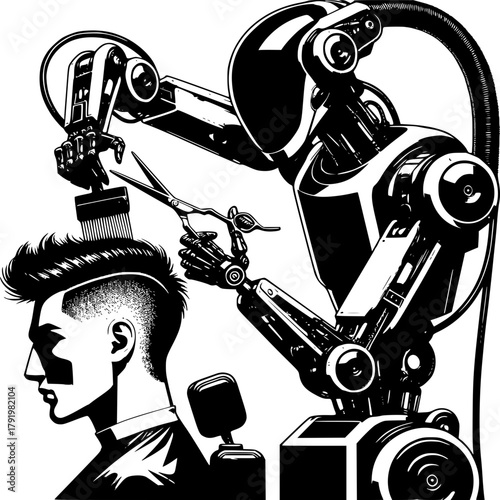 Future of Grooming: A sleek, metallic robot precisely cuts the hair of a person, showcasing the intersection of advanced technology and personal care.