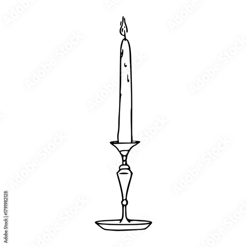 elegant taper candle in classic candlestick - line art vector