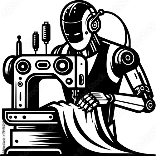 Crafting Threads: A futuristic robot seamstress diligently operates a vintage sewing machine, highlighting the intersection of technology and the timeless craft of tailoring. 