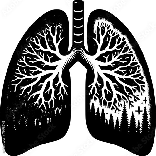 Lungs with Nature's Essence: A detailed illustration shows the lungs, but the intricate structure is replaced by tree-like formations and landscape elements, reflecting the essence of nature.