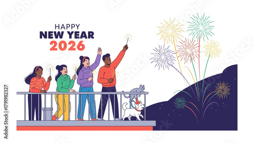 New Year Celebration in 2026: Friends on a balcony celebrating new year's with sparklers and fireworks, embodying the joyous spirit of a fresh start in 2026.