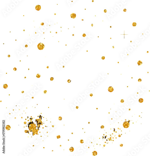 Golden confetti sparkles and dots float against a clean white background, creating a festive and elegant visual for celebrations and designs.