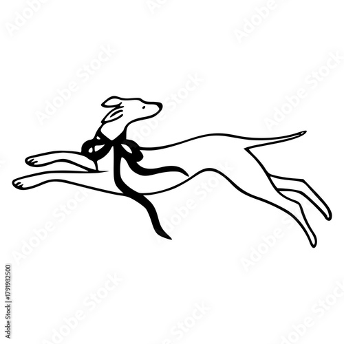 running greyhound dog with ribbon in vintage art style