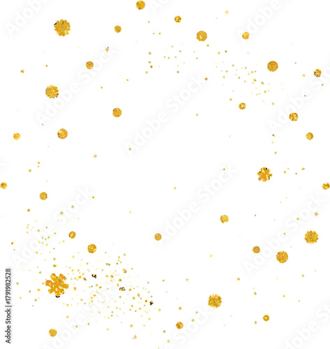 Elegant golden glitter particles gracefully float against a clean white background, creating a dazzling and festive visual effect perfect for celebrations.