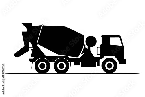 Silhouette of a construction cement mixer truck, a heavy-duty vehicle used in building and infrastructure projects for transporting and mixing concrete materials