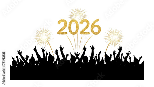 New Year 2026 Celebration: A silhouette of a crowd joyfully welcomes the new year 2026, accompanied by shimmering fireworks displays, against a clean backdrop.