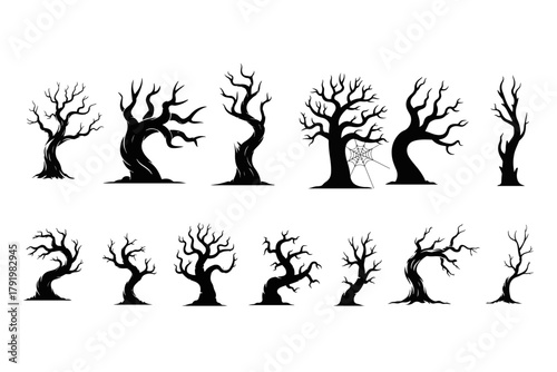 Collection of spooky, bare, and gnarled trees, perfect for Halloween, horror themes, and gothic aesthetics, creating a sense of mystery and dread