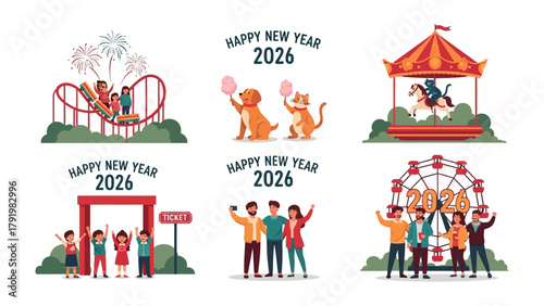 Festive New Year's Imagery: A collection of vibrant illustrations capturing the joy and excitement of the upcoming New Year celebration, featuring various elements that symbolize fun, togetherness.