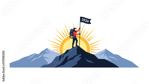 Vision of the Summit: An adventurer stands triumphantly atop a mountain peak, waving a flag that signifies a bright future, with the sun rising gloriously behind the challenging landscape.