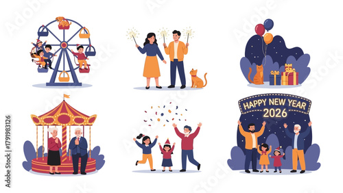 Joyful Festivities: Illustrative scene of multiple groups of people reveling in celebrations, featuring various festive elements such as carnival rides and New Year's Eve gatherings.