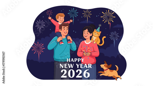 New Year's Eve Family: Capturing a joyful New Year's Eve celebration with a family and their pets, complete with fireworks and the warmth of togetherness. 