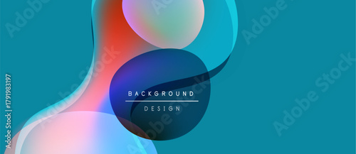 Abstract fluid shapes overlap, creating vibrant color gradients. Design features text background design within central form. Modern aesthetic.