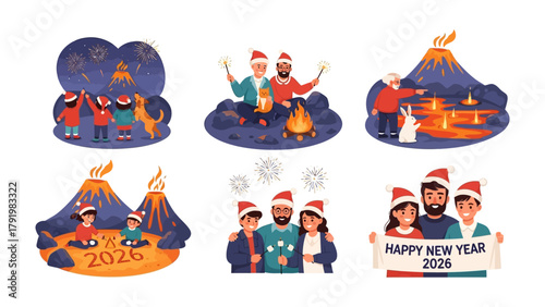 Christmas Celebrations with Volcanic Views: Festive illustrations showcase families and friends enjoying holiday gatherings with volcanic landscapes and fireworks displays.