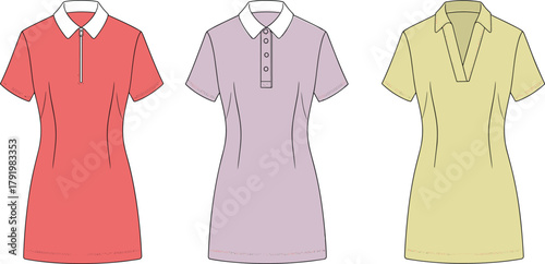 Cad drawing flat vector illustration, short sleeve dress design, fashion sketch template, collar style variation, zipper button v neck