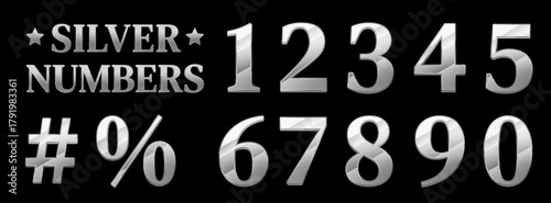 Shiny silver 3D numbers and symbols on a black background