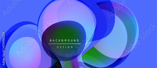 Abstract design features overlapping colorful circles. Gradient hues blend blues, purples, greens creating dynamic visual effect. Modern, minimalist style.