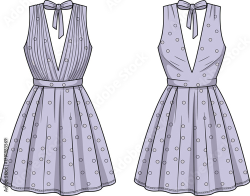 Fashion dress design, sleeveless V‑neck polka dot dress, bow tie back, pleated bodice variation, cad drawing flat vector illustration