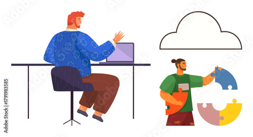 Man using laptop at desk, person completing puzzle under cloud. Ideal for teamwork, collaboration, problem-solving, cloud computing, digital workflow, innovation, simple flat metaphor
