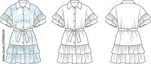 Fashion dress technical flat sketch, front back 3/4 view, ruffle sleeve, tiered skirt, collared neckline, belt waist, cad drawing flat vector illustration