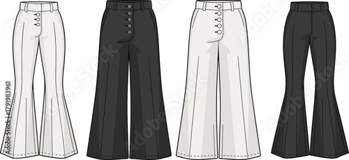 High waisted flared pants, fashion flat sketch, front view variations, button detail trousers, CAD drawing, vector template, apparel design, clothing construction illustration