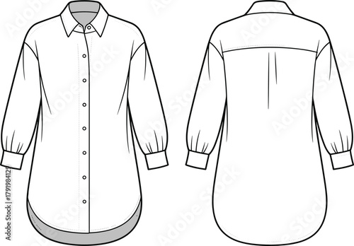 Long sleeve button down shirt technical flat sketch, front and back view garment design, collar and cuff detail, cad drawing flat vector illustration