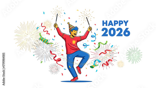 New Year Celebration: A joyful individual dances with sparklers amidst a burst of fireworks and confetti, celebrating the arrival of the new year, embodying the spirit of excitement.