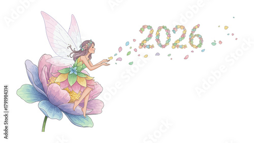 Fairy's Dream: A fairy sits delicately on a large flower, her magic conjuring the year 2026 into existence with a wave of her wand, a whimsical vision of the future.