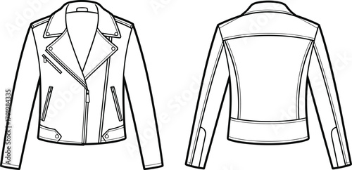 Motorcycle jacket fashion sketch, technical garment illustration, asymmetrical zipper closure, vector apparel design, women’s outerwear drawing, epaulet detail, CAD flat vector illustration