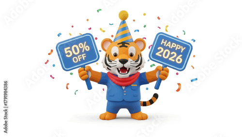 Festive Tiger's New Year Offer: A charming cartoon tiger mascot announces a limited-time 50% discount for New Year 2026, surrounded by confetti, creating a fun, celebratory vibe.