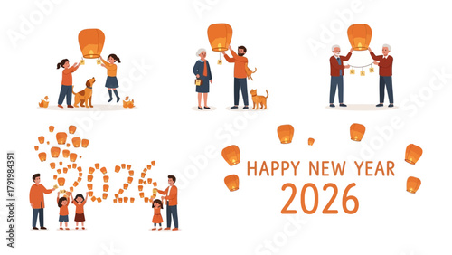 Celebrating the New Year with Lanterns: Family and friends come together, releasing traditional lanterns into the night sky, symbolizing hopes and dreams for the upcoming year.