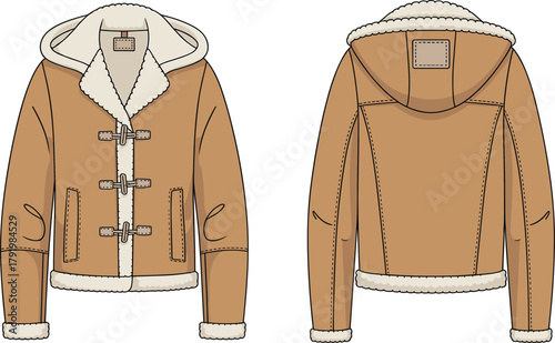 Shearling hooded jacket technical illustration, front back view, toggle fasteners, cream lining detail, stitched seams, fashion garment sketch, flat vector CAD drawing