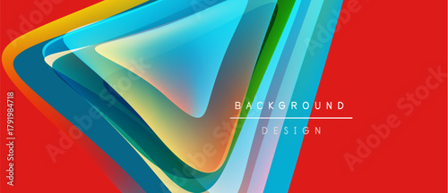 Abstract vibrant design features layered shapes, bold colors. Red dominates with blue, green, orange accents. Modern aesthetic.