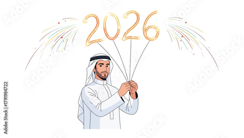Year 2026 Celebration: An individual, dressed in traditional attire, joyously illuminates the year 2026 with a radiant fireworks display, heralding new beginnings and a hopeful future.