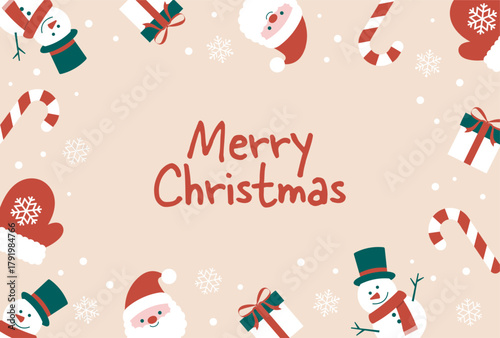 Christmas vector background with santa claus, snowman, gift box, candy cane and mittens