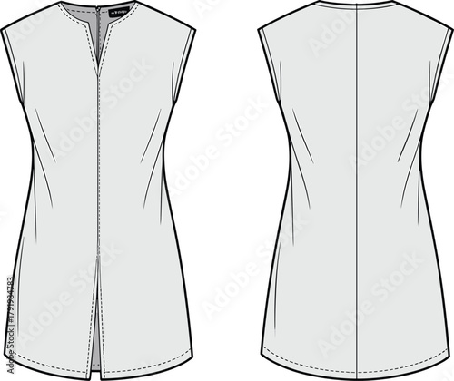Sleeveless tunic flat sketch, fashion CAD drawing, technical garment illustration, vector apparel design, front and back view clothing template