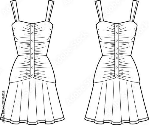 Sleeveless women’s dress fashion design, button down bodice, pleated skirt, ruched waist detail, front technical sketch, cad drawing flat vector illustration