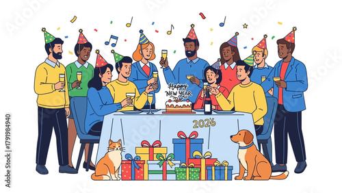 Celebrating New Year's: A gathering of friends and family toast to new beginnings, surrounded by festive decorations, gifts, and the joyful spirit of the occasion.