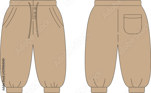 Unisex jogger pants fashion flat sketch vector, front and back view, casual sweatpants technical drawing, jogger trousers template