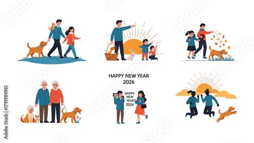 Family's New Year Celebration: Celebrating 2024 through precious moments of togetherness, from playful children with their dogs to the shared experiences of elderly couples and young parents.