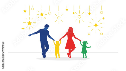 Family silhouette enjoying fireworks display: A vibrant, colorful silhouette of a family, holding hands and joyfully observing a beautiful fireworks spectacle in the night sky.