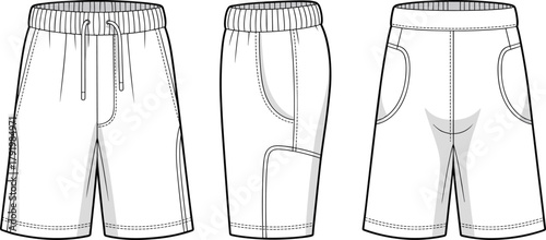 Technical shorts front view, side view, back view, elastic waistband, drawstring closure, gusset crotch, vector fashion CAD illustration, apparel design